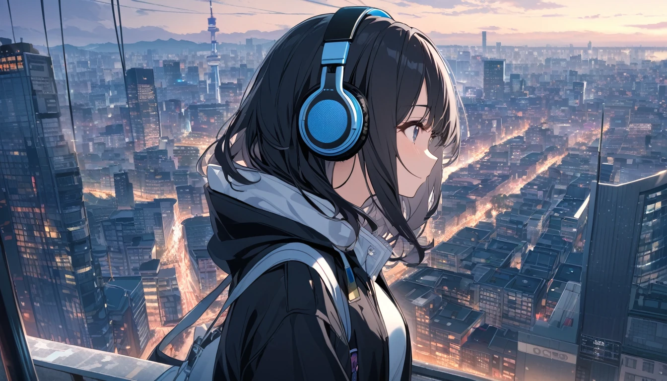 Black haired woman with headphones looking at the city of Tokyo,Streetscape、listen to music、Japanese