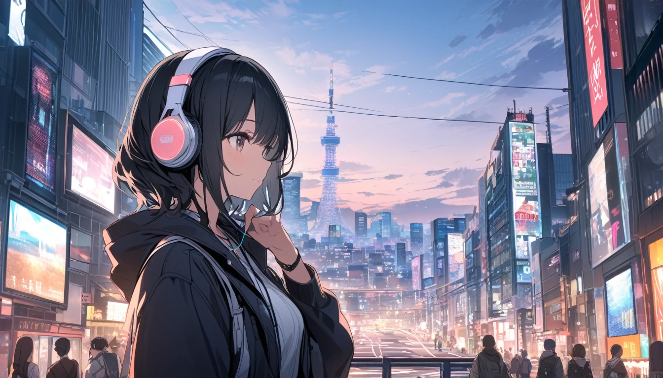 Black haired woman with headphones looking at the city of Tokyo,Streetscape、listen to music、Japanese