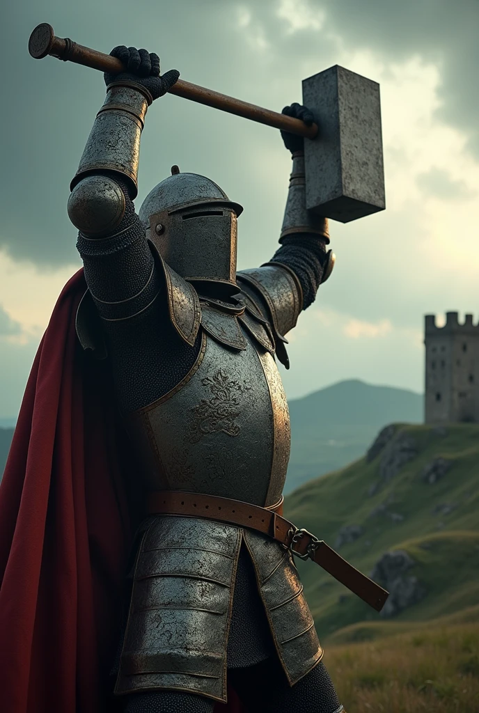 masterpiece, Highest quality, Very detailed, Ultra-high resolution,hammer,middle ages,knight,swing,look up