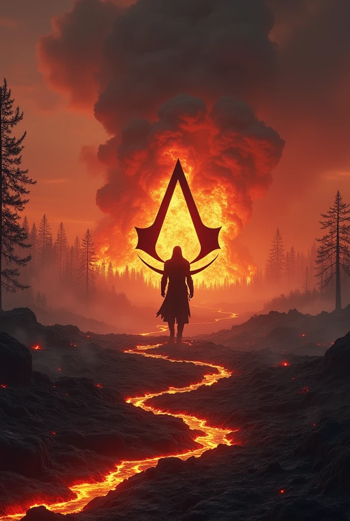 A burning landscape with the Assassin's Creed logo