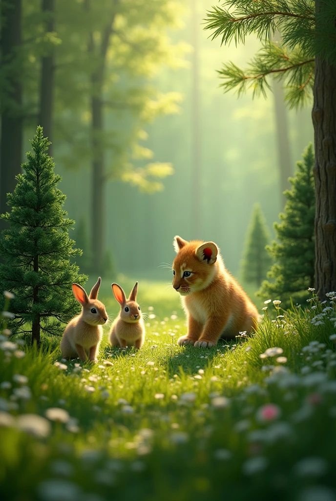 Please generate green forest with a little evergreen trees and little lion and rabbits. Please make look magical