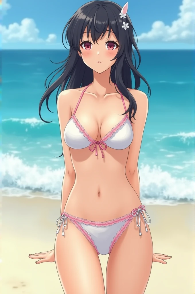 Create an illustration of a Japanese woman without underwear on the beach