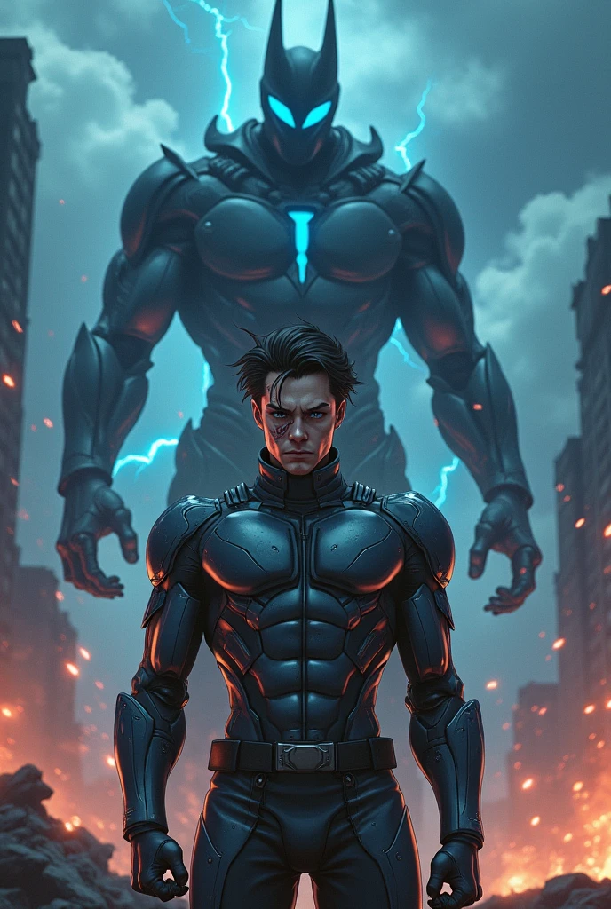 Make me a male anime character who wears futuristic armor and is very injured., facing a super powerful villain