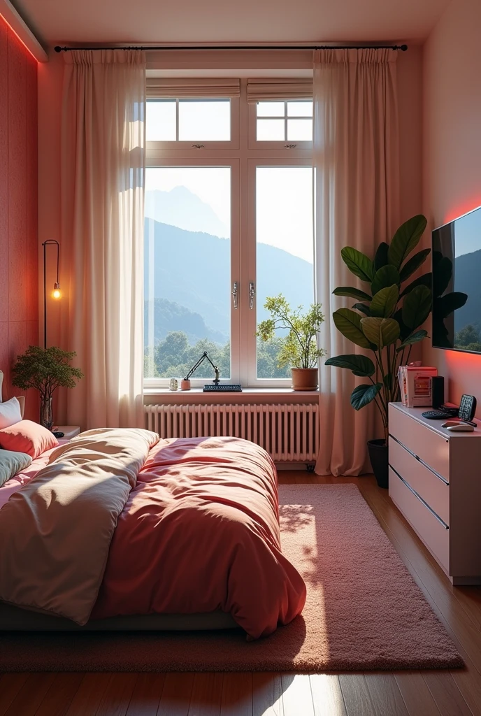 what a room with a bed and headboard under the window would look like, pc gamer dressing table on the wall on the other side, the other one looks like a wardrobe and 4 looks like a TV