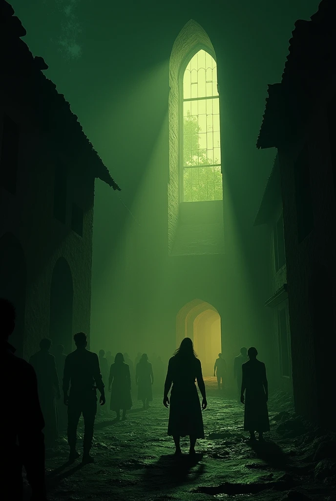 A realistic horror image, a distant cursed village, the lighting is greenish and yellowish in the dark, horror ambience, in the picture is Leon, worn out and injured, makes one last, desperate attempt to save Ashley Graham, at an angle from top to bottom,
No fundo, there are strange people in rural clothes inside a tall ancient chapel praying to a god