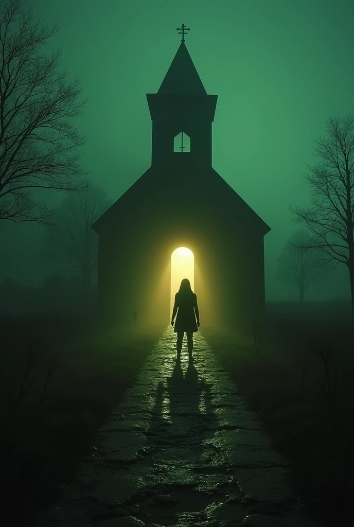 A realistic horror image, a distant cursed village, the lighting is greenish and yellowish in the dark, horror ambience, in the picture is Leon, worn out and injured, makes one last, desperate attempt to save Ashley Graham, at an angle from top to bottom,
No fundo, there are strange people in rural clothes inside a tall ancient chapel praying to a god
