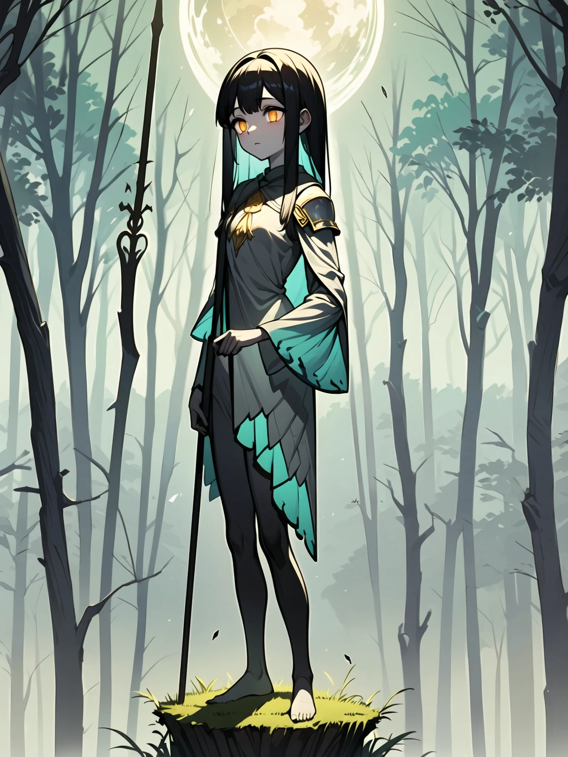 (((Masterpiece, best quality, 16k))) female character with long black hair and glowing green eyes. She wears an ethereal armor in silver, gold, and blue. wields a mystical staff with a floating crystal. The character has a serene expression, with a tranquil forest as the background. ((full body front view)). ((slender)), (extremely detailed:1.5), (long black hair:1.2), (glowing green eyes:1.2), (tranquil forest:1.1), (ethereal armor:1.3), (mystical staff:1.3).



