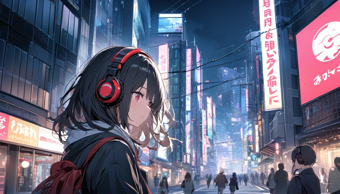 Black haired woman with headphones looking at the city of Tokyo,Streetscape、listen to music、Japanese