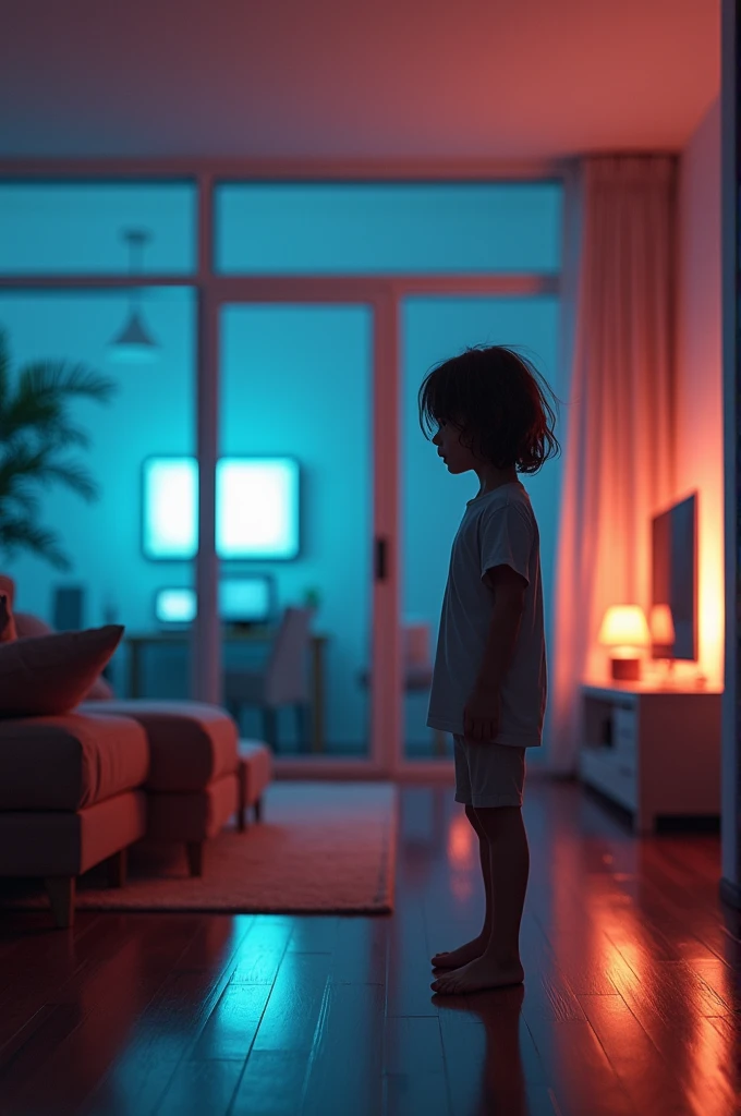 A modern house, inside, where everything is lit: Lights, televisions, Computers, and appliances, although nobody is using them. In the center of the room is Ana, A worried girl seeing all this.