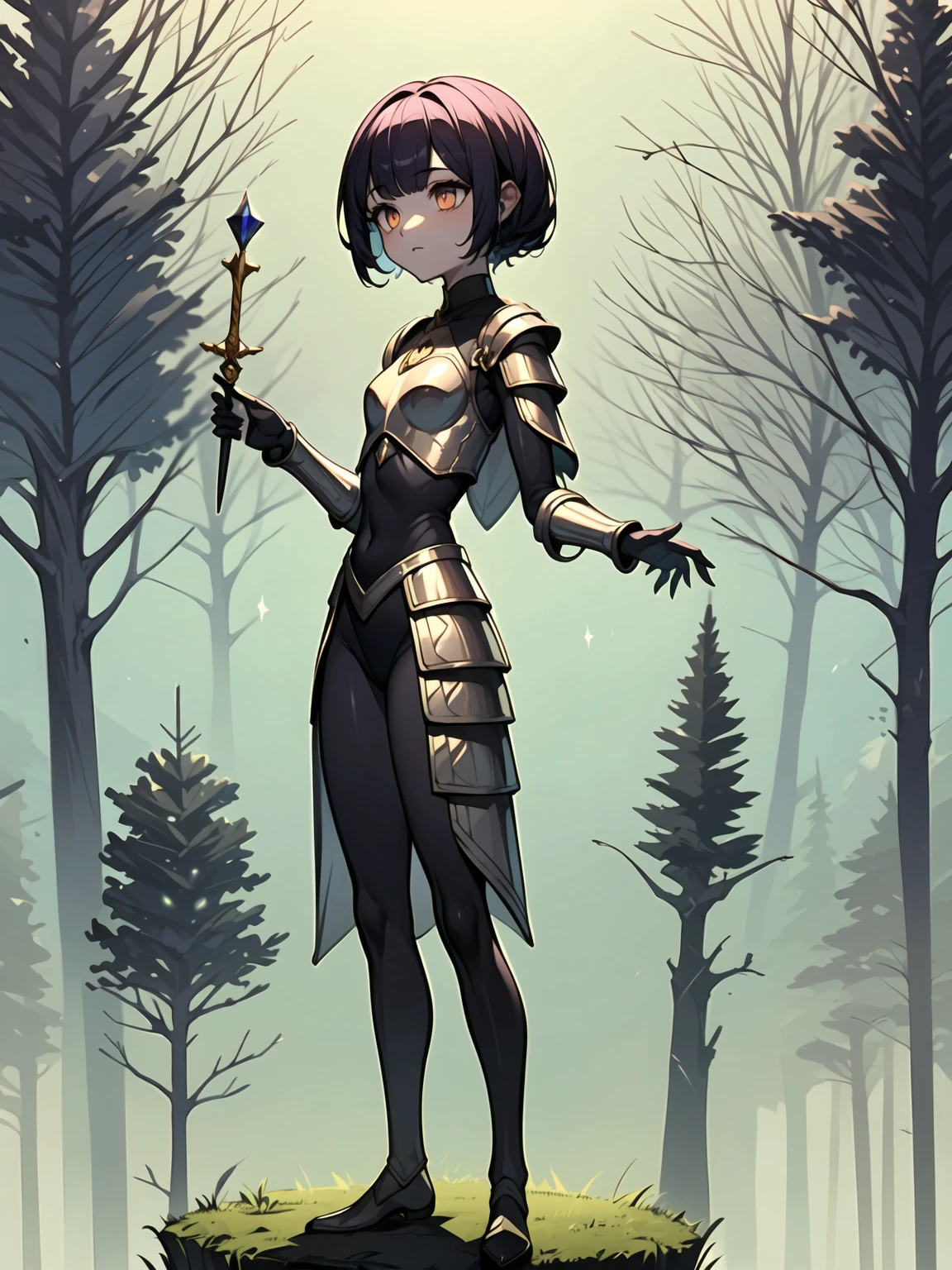 (((Masterpiece, best quality, 16k))) female character with medium-length purple hair and silver eyes. She wears a mystical armor in emerald, black, and gold. wields a magical wand with runes. The character has a mysterious expression, with an enchanted forest as the background. ((full body front view)). ((slender)), (extremely detailed:1.5), (medium-length purple hair:1.2), (silver eyes:1.2), (enchanted forest:1.1), (mystical armor:1.3), (magical wand:1.3).
