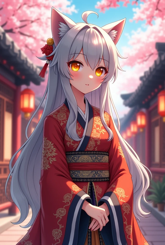 anime, 46 years, Fluorescent yellow cat-style eyes, traditional chinese costume, grey hair