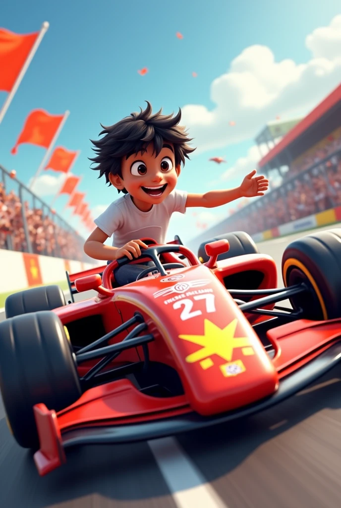 dark-haired teenager with curly hair, with a white t-shirt in an animated f1 racing car MORE ANIMATED MORE ANIMATED that it is the complete car and that the character's hair is not so curly that he has curly hair that he has waves in his hair