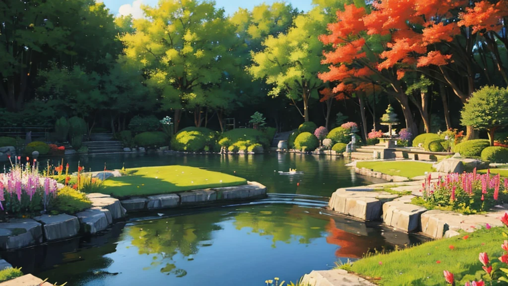 luxirous calm anime japanesee garden, with a pound