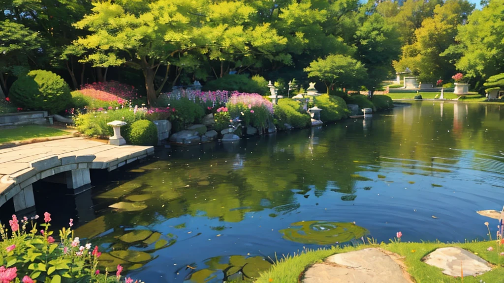 luxirous calm anime japanesee garden, with a pound