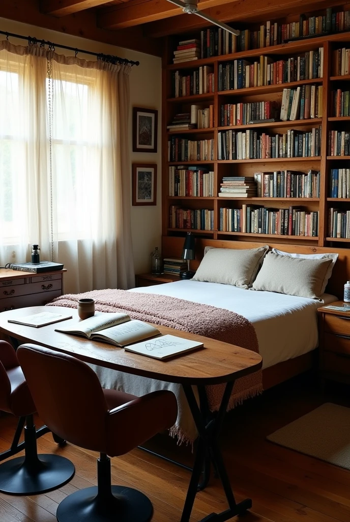 Room with shelves and books, a bed, a counter-type table with two notebooks, two swivel chairs 