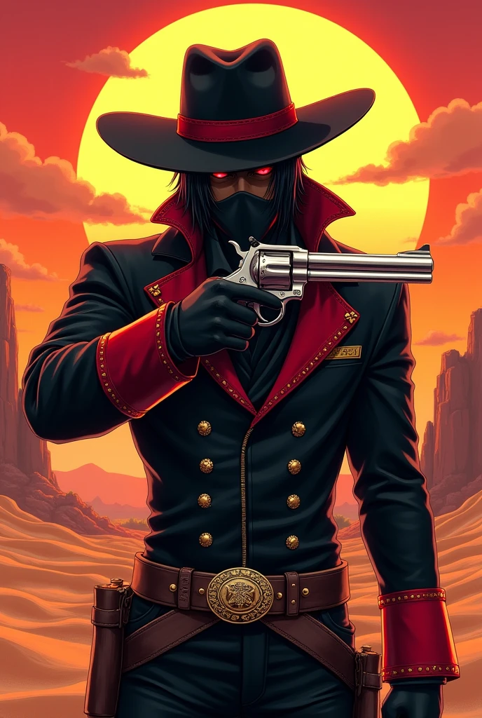 An anime character: 
a man with dark skin, black hair and red eyes also with a mouth mask on her face.
He wears a black cowboy outfit with red details., including a hat and a long black scarf while holding a colt in attack position.
Ao fundo, a desert of the old Wild West.