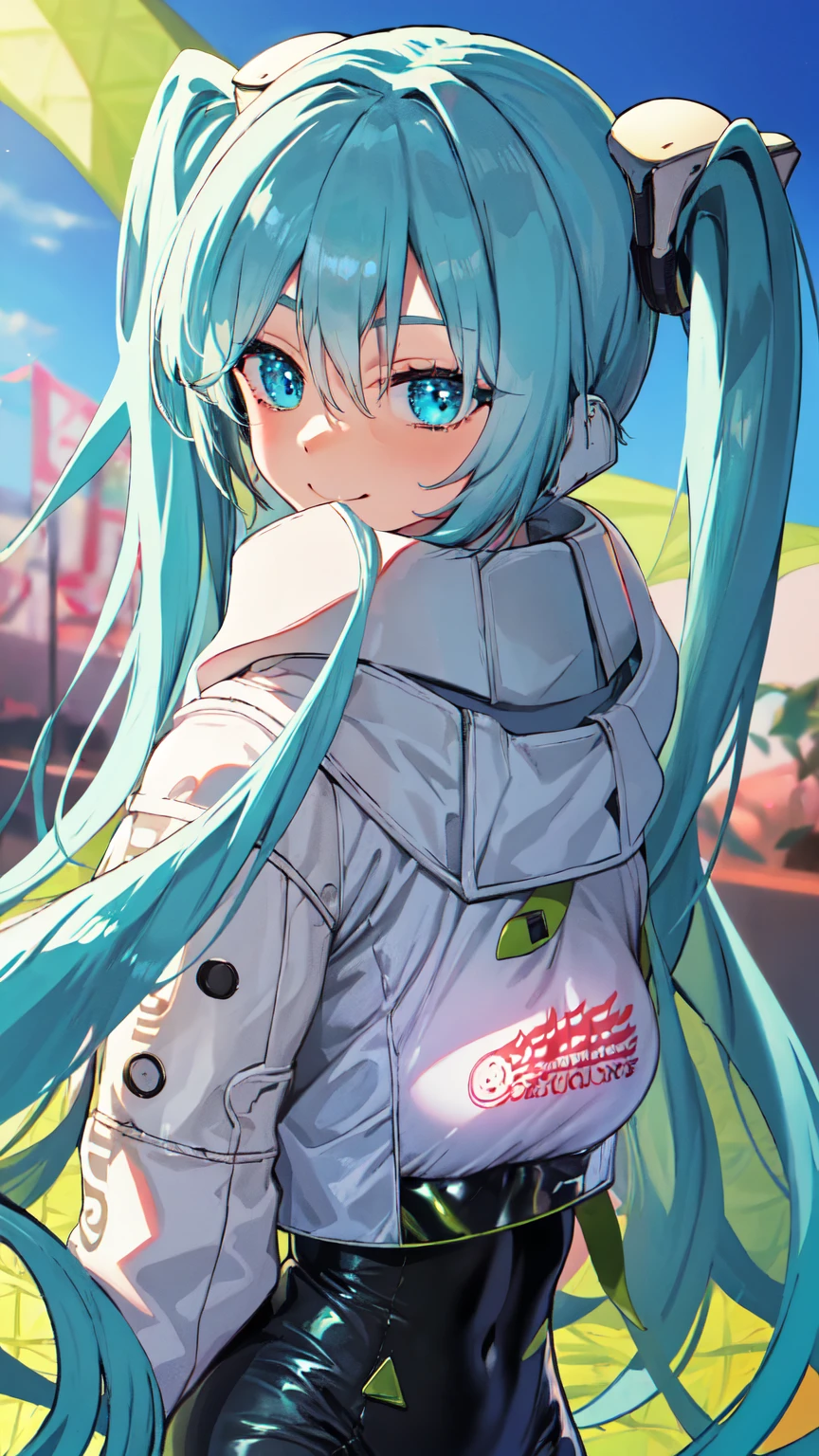 (masterpiece, Highest quality), Backlight, Lens flare, Wide Shot, Fisheye Lens , (Face Focus, Written boundary depth, close: 1.5), Super Detail, shape, colorful, (Fault Color: 1.3), (Immidshot: 1.3), video, Wide-angle, Upper Body, miku hatsune, ((Big Breasts)), Spotless, Dark green hair, Twin tails, Very long hair, Place your arms behind your back, blue eyes, Glowing Eyes, Relaxed face, eyebrow, Shiny Hair, Glowing Skin, A light smile, racing Miku, Black bodysuit, Cropped jacket, White jacket, Long sleeve, Two-tone gloves, Thigh-high boots, bright, Beautifully detailed skies, city, street