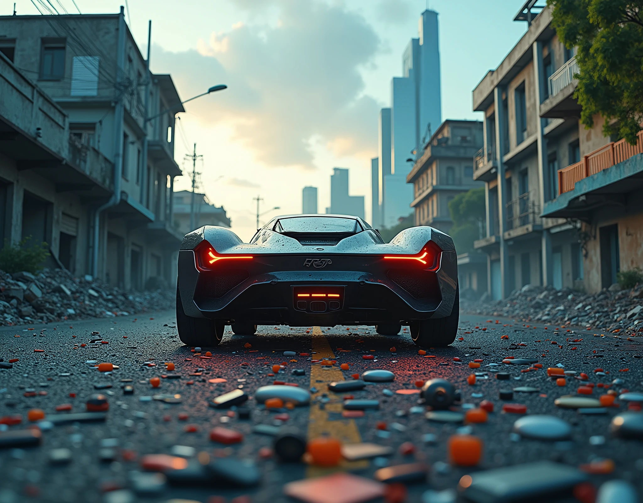 Futuristic car floating in the air without wheels on a road of electronic waste, poor city on the left side and right side a city rich in technology and beauty.
A portrait of social inequality where the digital future leaves the least favored people unemployed  