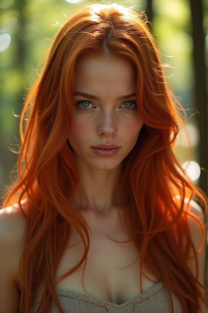 Redhead with straight shoulder length hair, light eyes s small naked mouth