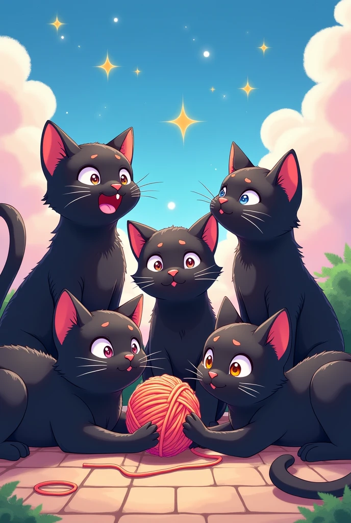 Black cat in anime, I want several cats in one photo, it has to have many emotions