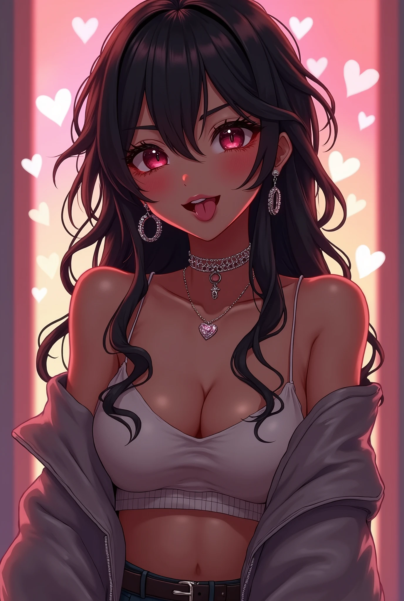 cute anime character girl, hot attractive sister, sticking tongue out, messy wavy long hair, brown skin, choker with heart pendant, round earrings, long nails, wearing loose baggy hip-hop fashion, attractive and seductive face, slutty, orgasm, make-up, superlative body proportion, indoors, heart effects, 2.5D, delicate and dynamic, graphic CG digital art
