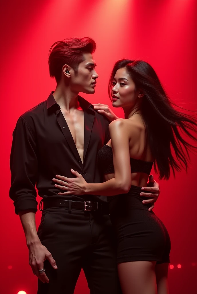 A handsome k-pop idol, red side part hair, black eyes, wear black unbuttoned shirt, standing on the red stage, hold the microphone and sing, sweating, charming, belt around the body, in ear, standing next to female dancer wearing short black dress, black hair, charming, arm in arm