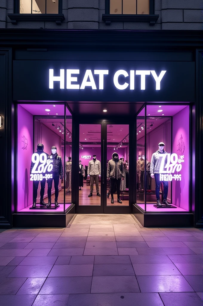 Design me a store of urban and trendy clothing for men, his name is "Heat City", For the environment, use a color palette such as lilac purple., black and white, In addition to showing in the image that there is a 70% promotion% off 