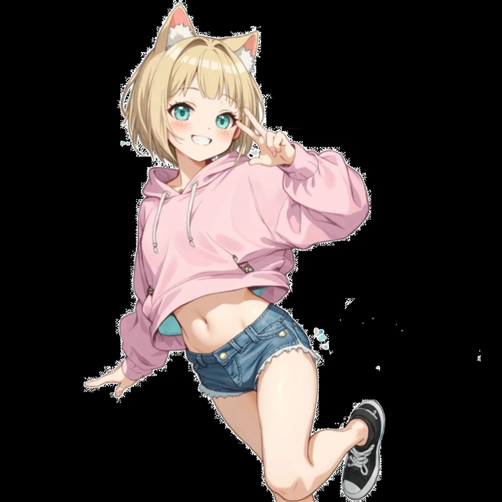 Blonde Hair、Very Short Hair、Cat ears of the same color as the hair、Plain pink short sleeve hoodie、Short denim shorts、Belly button、sneakers、Turquoise Eyes、Flat Chest、Big white flower hair ornament、Design the cover for a dark fantasy psychological drama light novel set in Rio de Janeiro in 2050, In a similar style "Inuyasha" or "Yu Yu White Paper", showing a smiling Japanese ager holding a backpack with long black hair in the foregrornd, while in the backgrornd other characters fight; Use a red and black palette, Enter a title in the box on the top right.