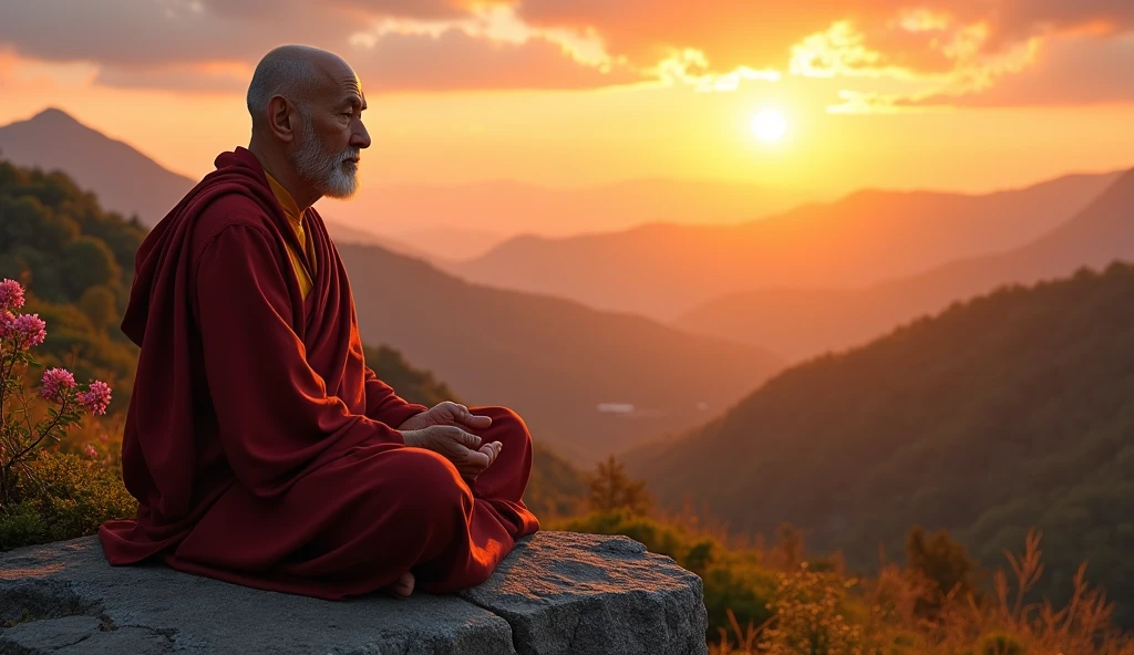 Mature monk sitting in meditation position, contemplando um horizonte lindo com o sol se pondo, Man is in deep connection with the divine, The landscape is ultra detailed, homem ultra realista, tudo bem detalhado e lindo, ultra qualidade. Realismo 8K