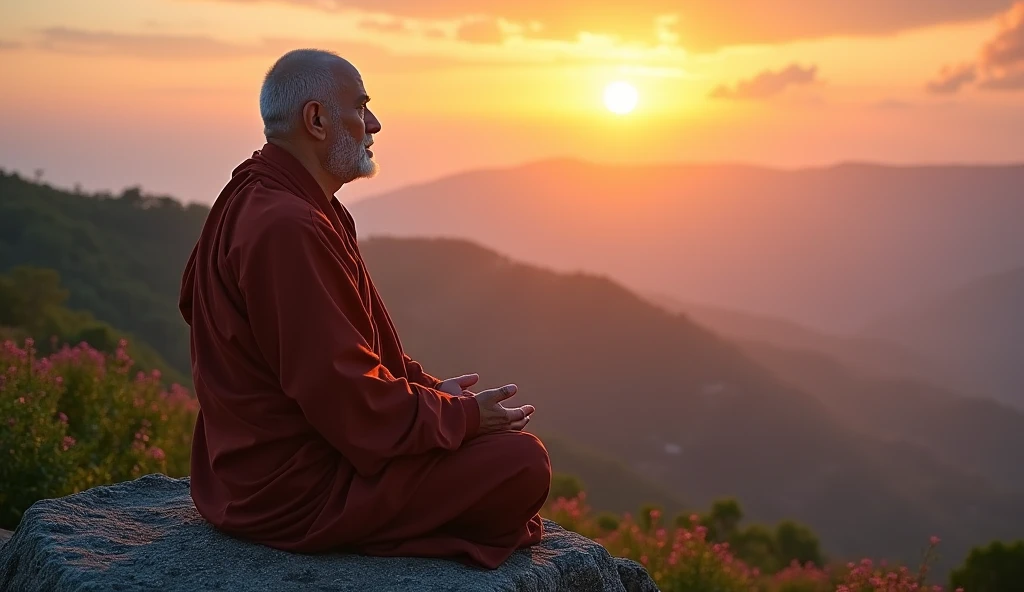 Mature monk sitting in meditation position, contemplando um horizonte lindo com o sol se pondo, Man is in deep connection with the divine, The landscape is ultra detailed, homem ultra realista, tudo bem detalhado e lindo, ultra qualidade. Realismo 8K