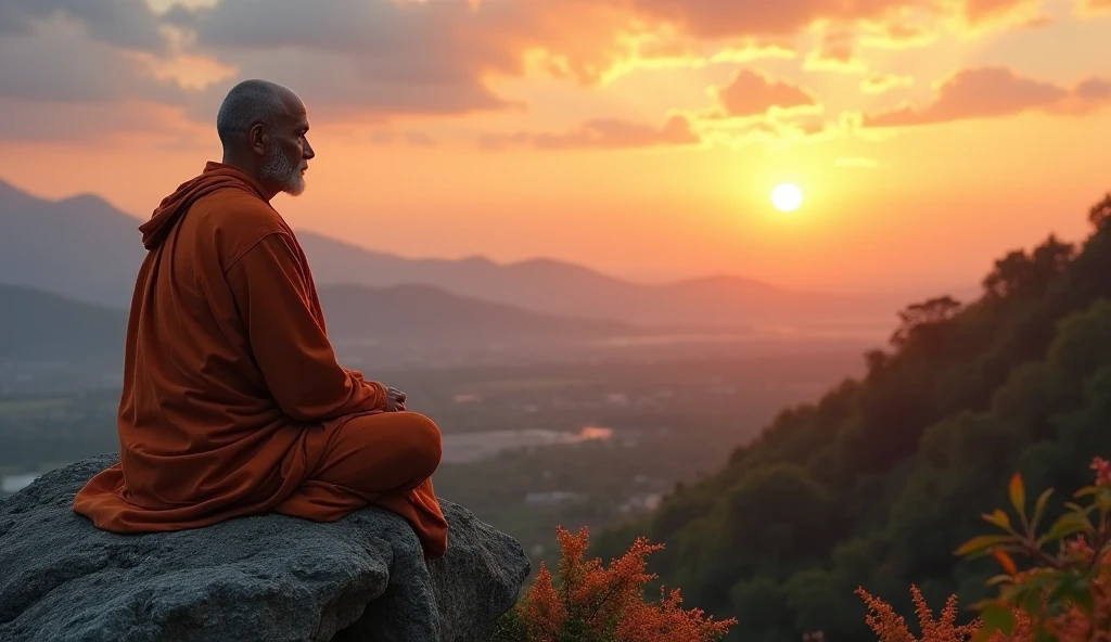 Mature monk sitting in meditation position, contemplando um horizonte lindo com o sol se pondo, Man is in deep connection with the divine, The landscape is ultra detailed, homem ultra realista, tudo bem detalhado e lindo, ultra qualidade. Realismo 8K