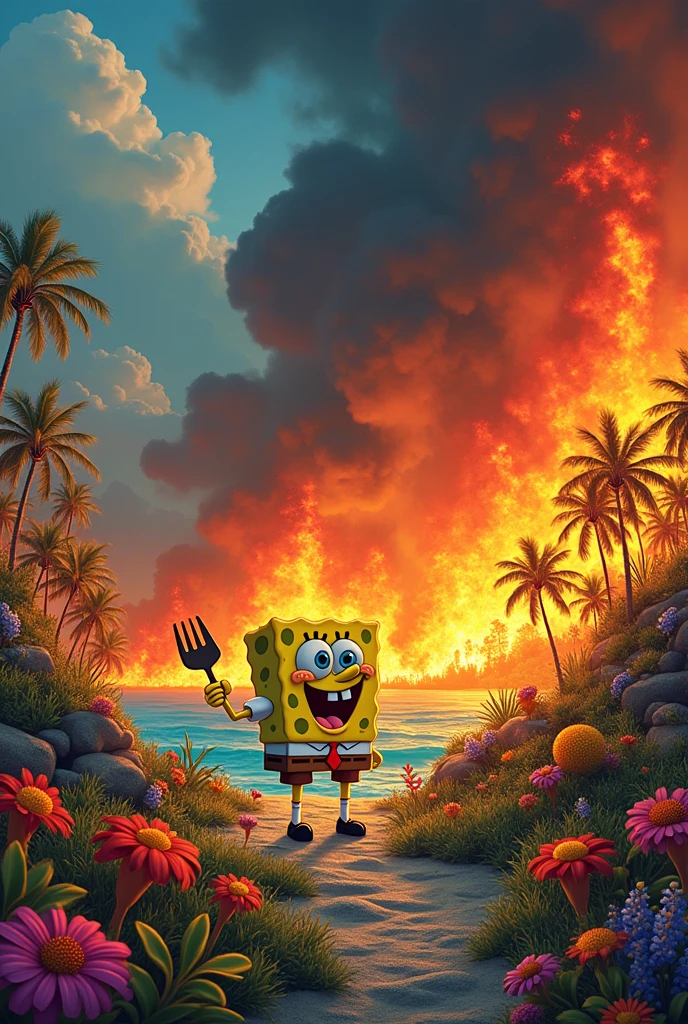 A landscape on fire with sponge bob