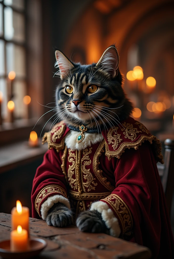 Generates an old cat hybrid with medieval clothing, with black and gray fur