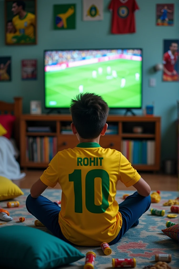 A age boy sitting in his room and watching Brazilian football match on tv.the boy is wearing an Brazilian jersey rohit name on it and it's number is 10