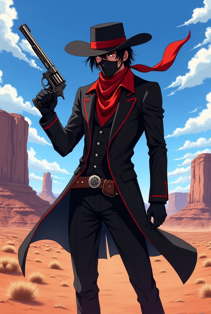 An anime character:
a man with dark skin, black hair and red eyes also with a mouth mask on her face.
He wears a black cowboy outfit with red details., including a hat and a long black scarf while holding a colt in attack position.
Ao fundo, a desert of the old Wild West.