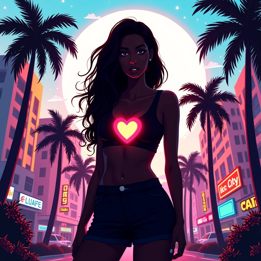 Black shadow of a woman with a light in her heart, cartoon style, in Vice City GTA, White sky