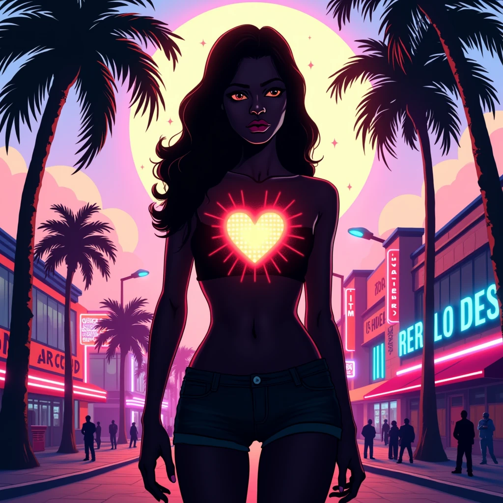 Black shadow of a woman with a light in her heart, cartoon style, in Vice City GTA, White sky