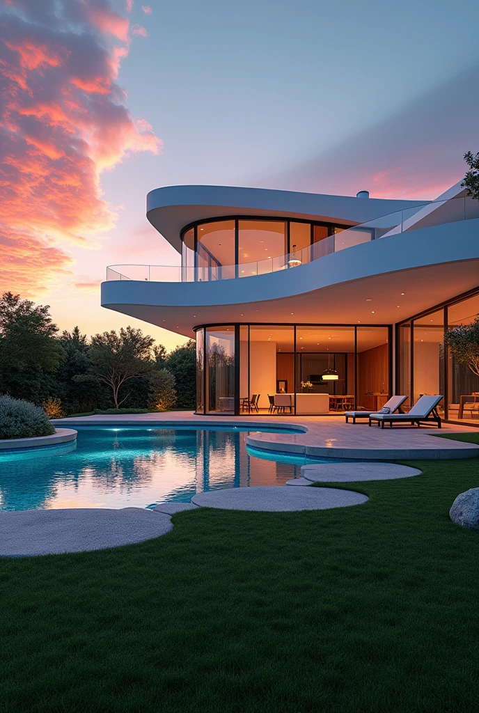 
The sleek, white facade of the house reflects the fiery hues of the setting sun. Expansive windows, framed by slender black mullions, draw the sky's vibrant palette into the open living spaces. The pool, a shimmering sapphire oasis, mirrors the sky's colors, creating an interplay of light and reflection. Lush green grass, meticulously manicured, frames the scene, a verdant contrast to the clean lines of the architecture. The house's organic curves, reminiscent of Zaha Hadid's designs, create a sense of fluid movement, harmonizing with the natural world.  The warm glow of the interior, visible through the expansive windows, hints at the luxurious comfort within.  Every detail, from the textured concrete walls to the smooth, polished surfaces, evokes a sense of tranquility and modern elegance. 
