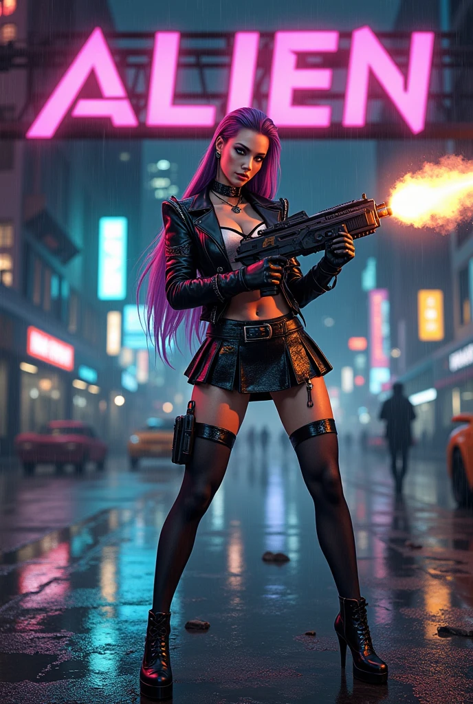Futuristic cityscape at night with neon lights and rain reflecting on wet streets. Centered is a fierce female character named "Rain" in a dynamic pose, shooting a futuristic machine gun. She is dressed in a cyberpunk-inspired schoolgirl outfit: a black leather miniskirt, thigh-high stockings, and high-heeled shoes. Her top is a schoolgirl blouse with metallic and vinyl details. She wears a leather jacket with metallic shoulder pads and high-tech accessories. Her long, straight hair is vibrant, and she has striking metallic makeup. The poster's top has the title "Alien Romulus" in bold, stylized letters, and the bottom has a catchy tagline like "Face the Future. Survive the Chaos."