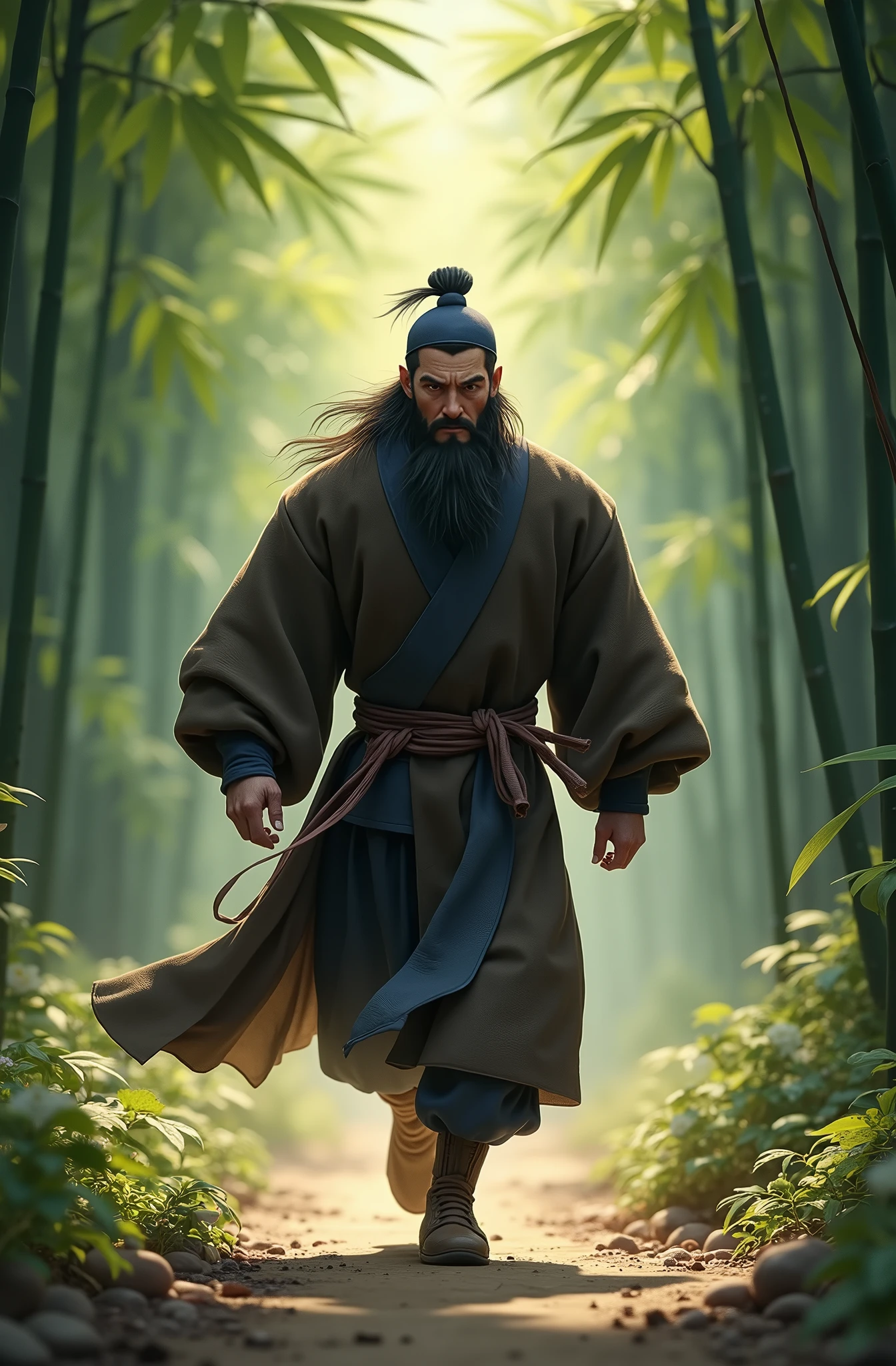 Ancient Chinese, animation 40-year-old male, strong body, dark skin, fierce eyes, wearing a dark blue walking cap, wearing dark brown clothes,