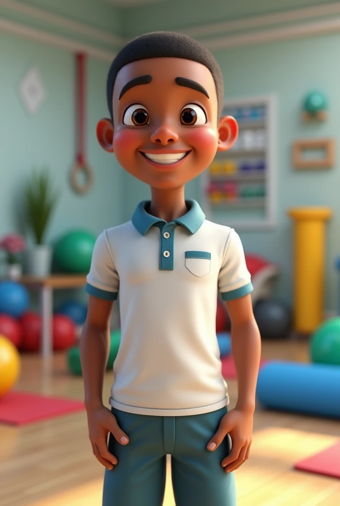 pixar 3d image of a handsome young adult men with skin coloured brown, with his short hair buzz cut and NO BEARD, is dressed as a physiotherapist, and the background full of physiotherapy stuff.