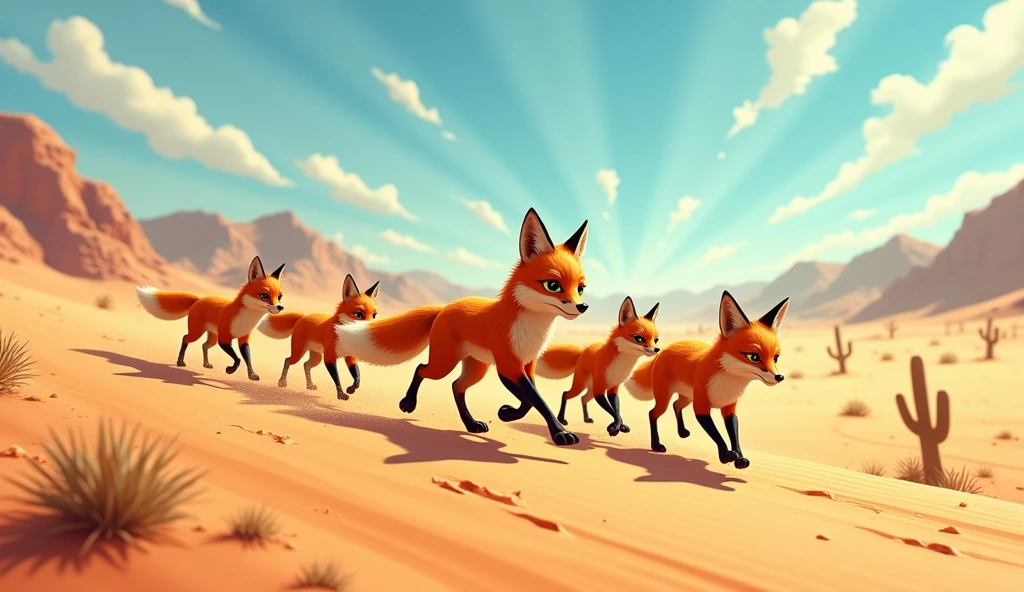 5 FOXES IN A DESERT CONTINUING THEIR JOURNEY