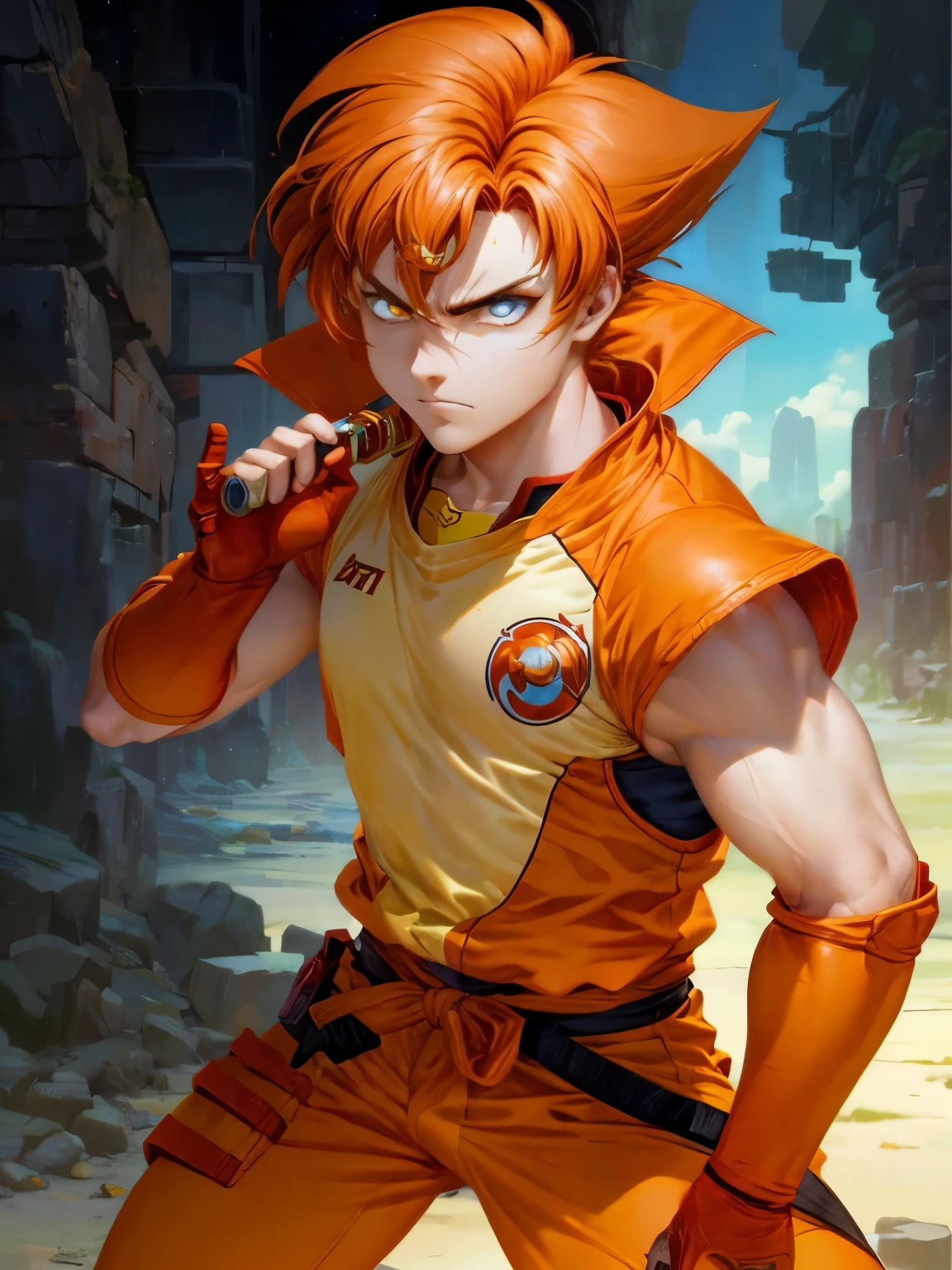 Gender: male
Eye color: orange
Physical appearance: handsome,13 years old teenage boy,has a tube oxygen, 
Description: rebellious, artistic,power ranger style,jin kazama hair style,brown hair, and cynical.