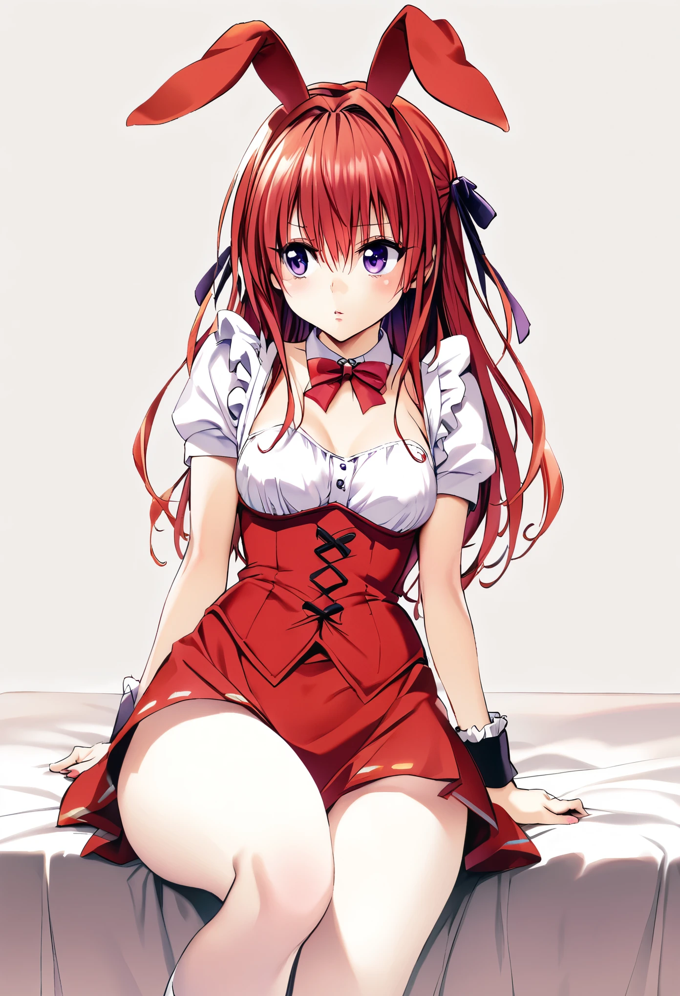 no way, Highest quality, One person, alone, Redhead, Purple eyes, Long Hair, big, Oh Bunny, Bunny ears, Red Corset, gakuran, apron, Red neck ribbon, Red Skirt, Hair Ribbon, Short sleeve, Wrist cuff, White thighs, Jingle bell