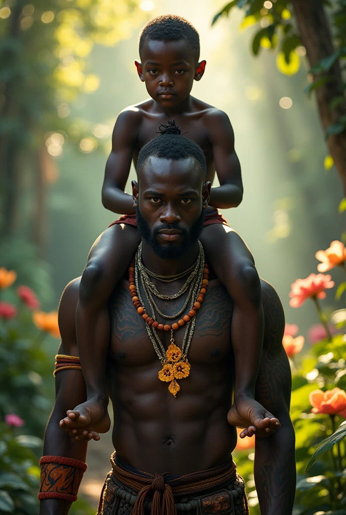 Create a black , exu, carrying ther black male on his shoulders