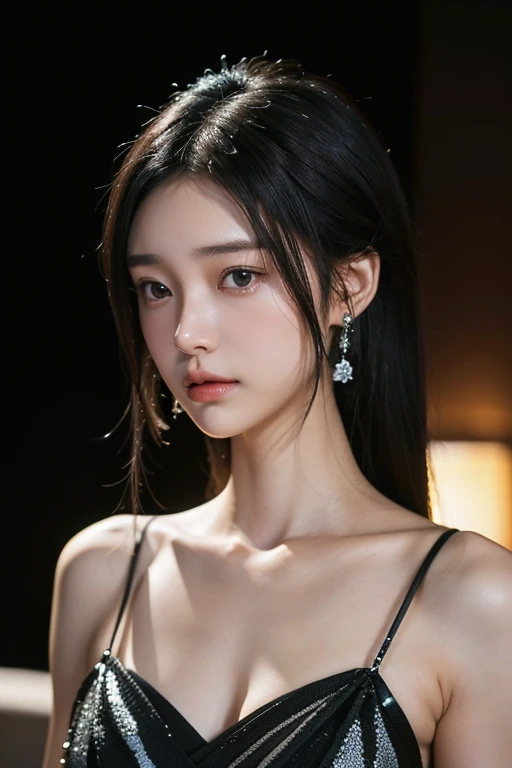 (A 20-year-old Japanese slender beautiful girl), (Small breasts:1.5,)solo, (masterpiece, High resolution, High detail, Highest quality, Very detailed, Ultra high definition), (Textured skin:1.25),(Reality:1.25), ((Ray Tracing,Portrait Photography)), Cinematic light effects,Light from an angle, ((realism)), ((Surrealism)),8k octane, ((Natural Makeup,Diamond earrings)),Aperture value F1.8, (((Black Hair, Shiny Hair, Half-up hairstyle))),Night view of Yokohama,Knit dress