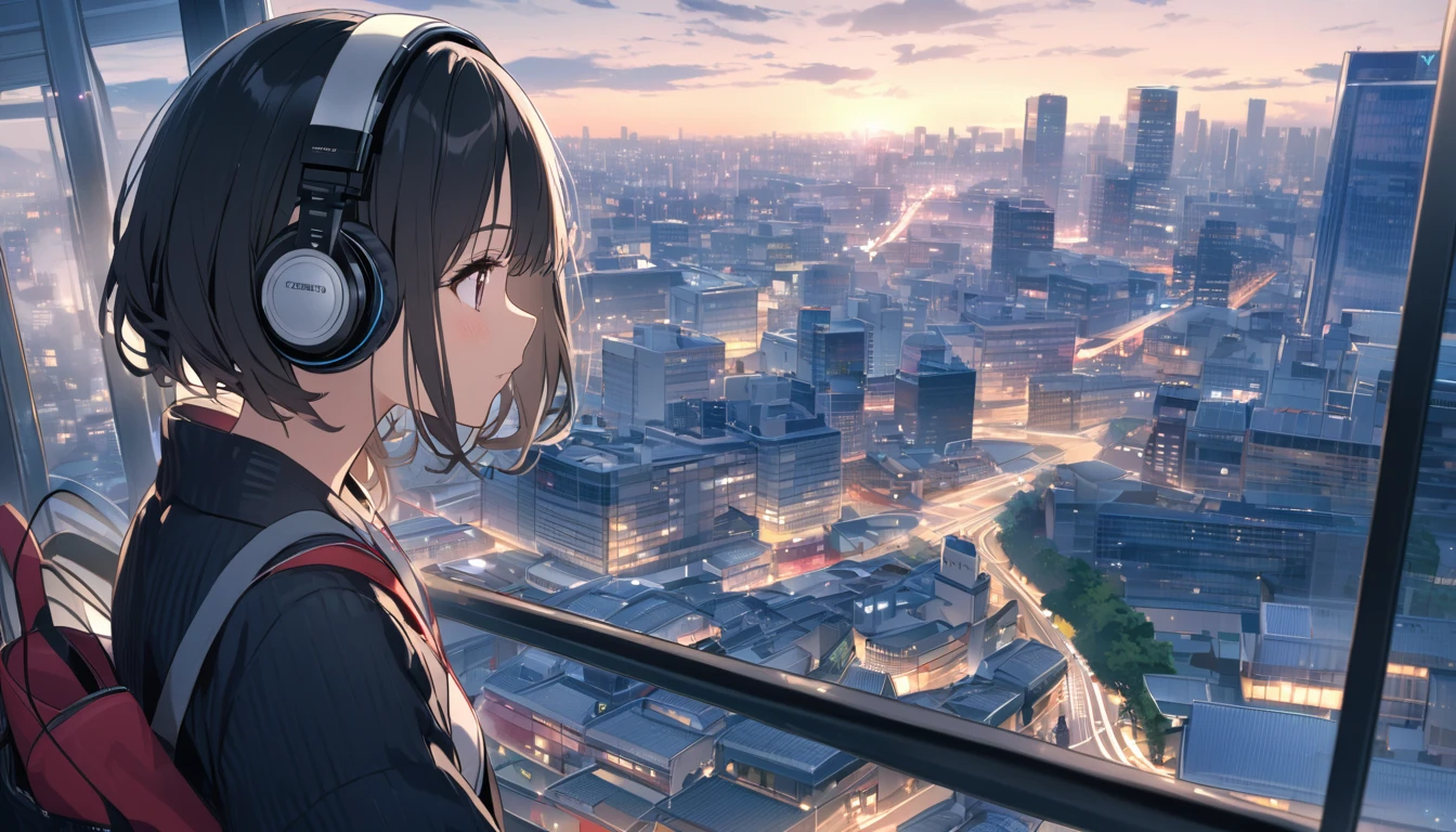 Black haired woman with headphones looking at the city of Tokyo,Streetscape、listen to music、Japanese