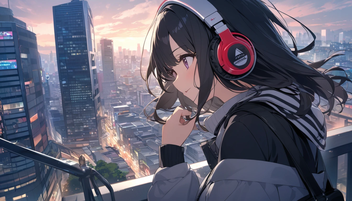 Black haired woman with headphones looking at the city of Tokyo,Streetscape、listen to music、Japanese