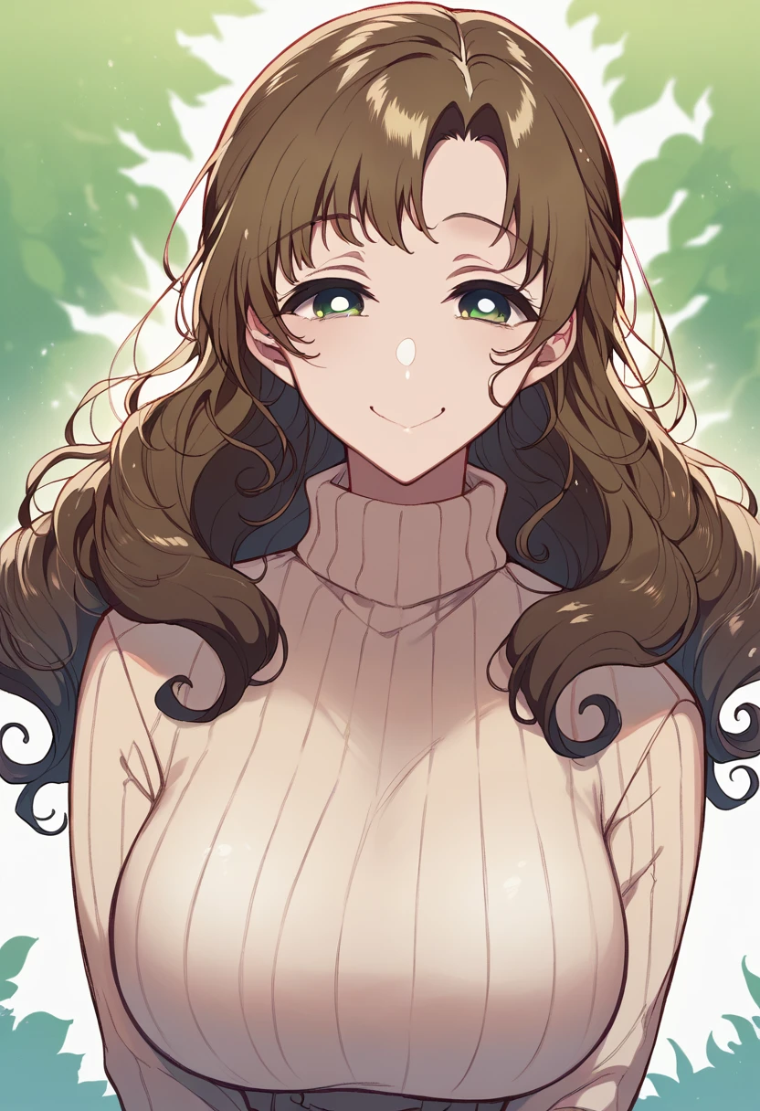 Chestnut brown hair, S-shaped wavy hair, yellow-green eyes, smiling, voluptuous, beige turtleneck close-up