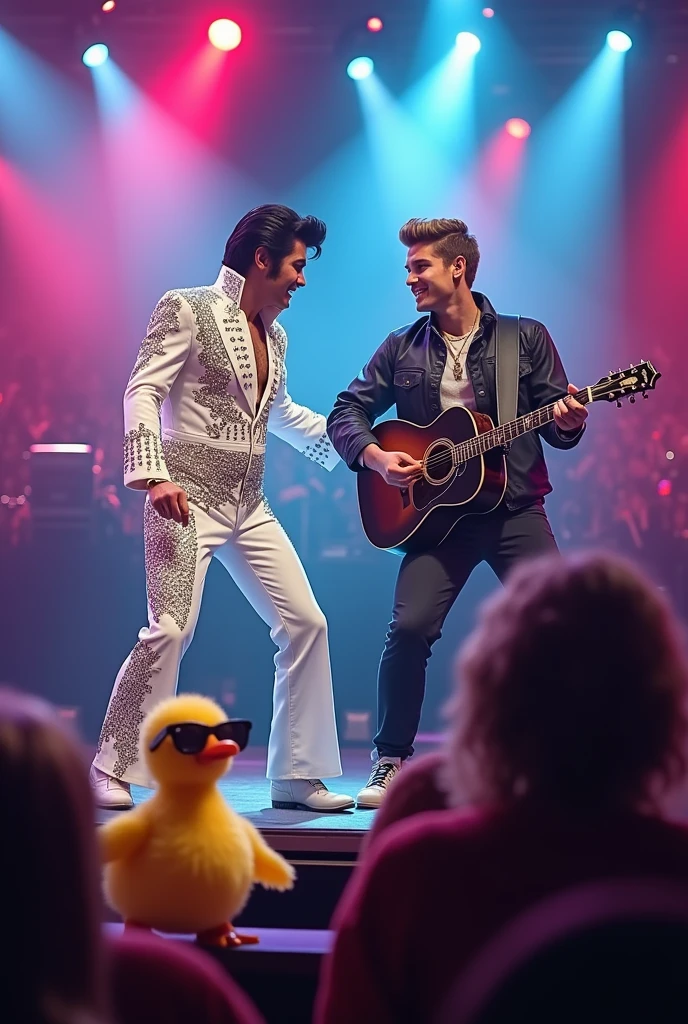 Elvis Presley vs Justin Bieber with a duck in the audience.